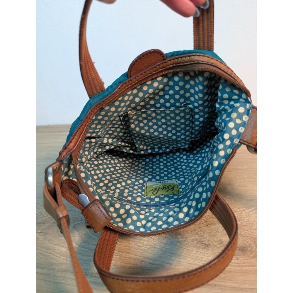 Vintage Fossil Bag Quilted Blue Trimmed In Cow Hide Leather Flaw - Picture 8 of 8